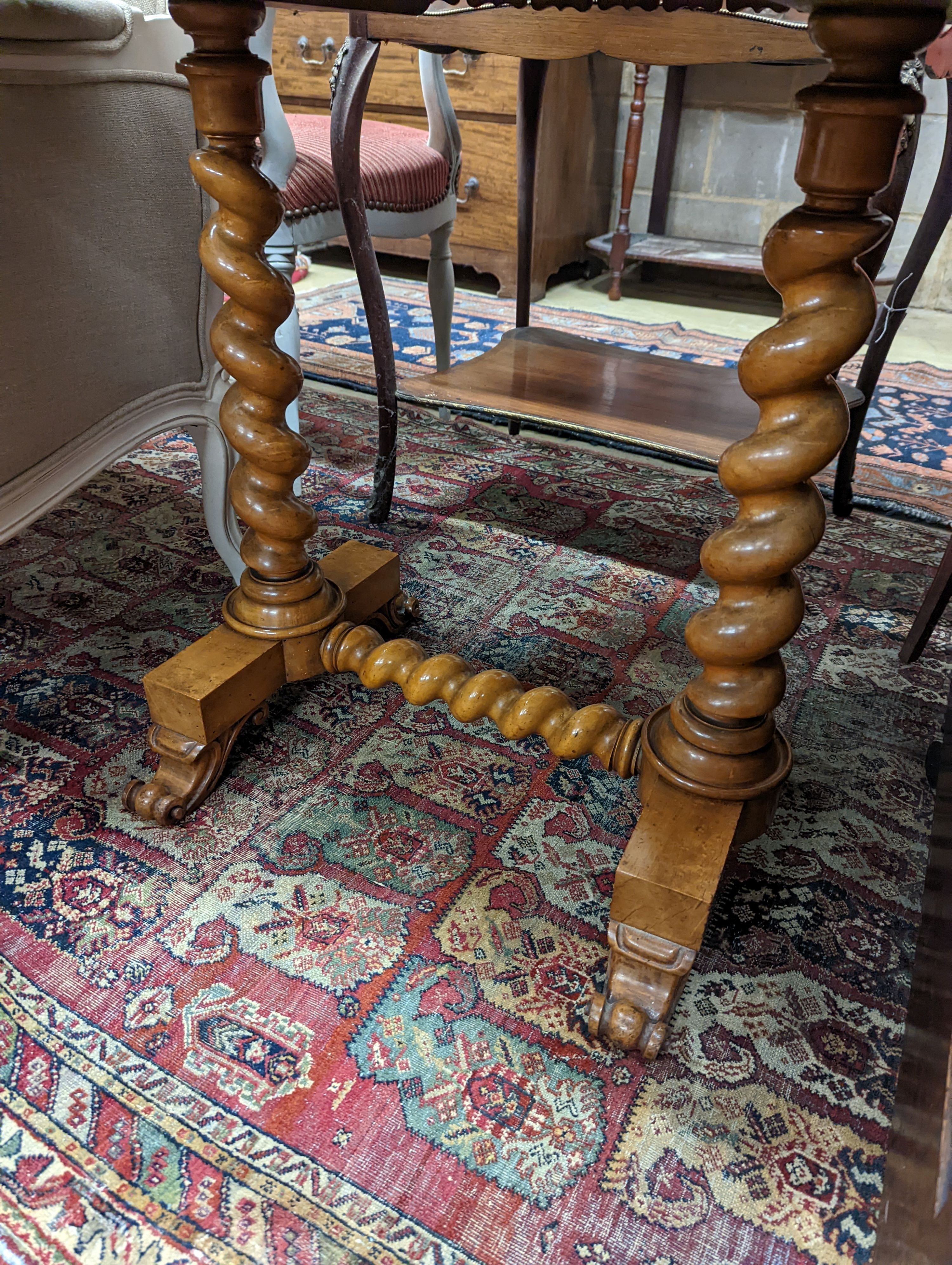 A Victorian birds eye maple bijouterie table, width 70cm, depth 57cm, height 76cm